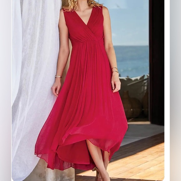 Soft Surroundings Womens 8P Charmonte Maxi Dress Red Crinkle Chiffon Surplice - Picture 1 of 8